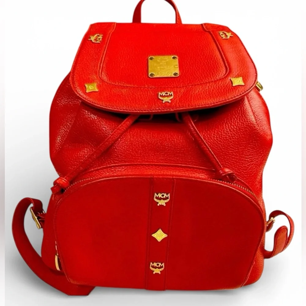 MCM Red Leather Backpack, EUC